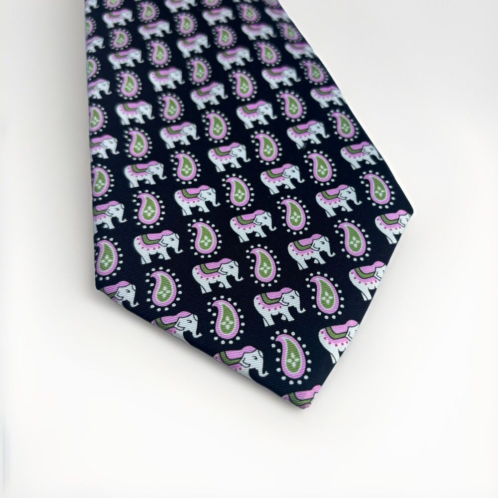 Vera Bradley for Baekgaard 100% Silk Necktie Elephant Paisley Black Pink Green